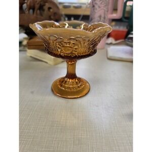 Fenton Eye & Scroll Cameo Amber Opalescent Glass Pedestal Compote Ruffle Rim